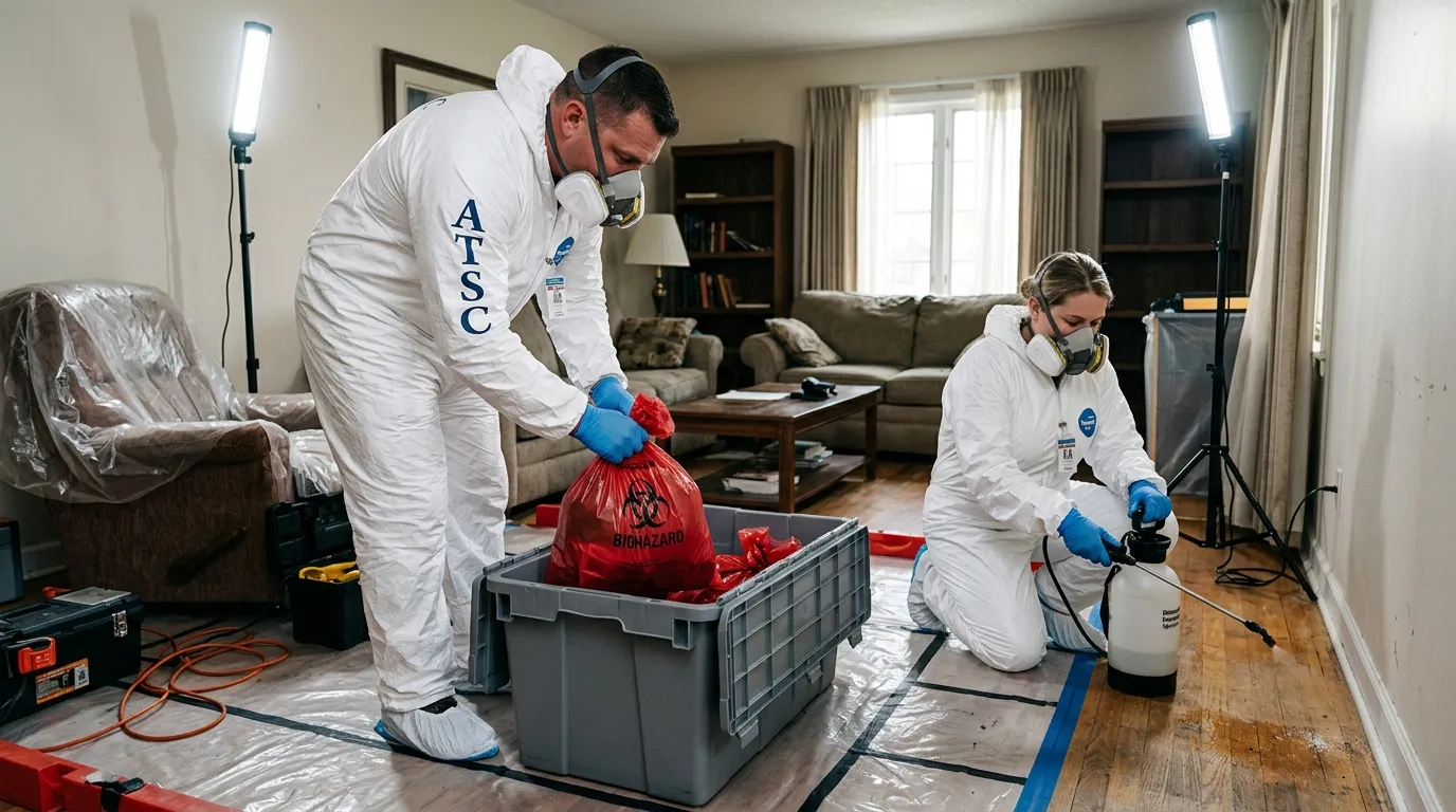 Professional Hoarding Cleanup technician in full PPE working in Ladue